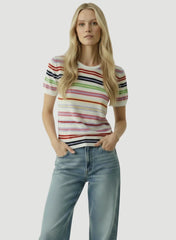 Extrafine Cashmere Novelty Stripe Short Sleeve Crewneck