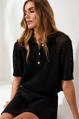 Open-Stitch Short Sleeve Polo Sweater Top