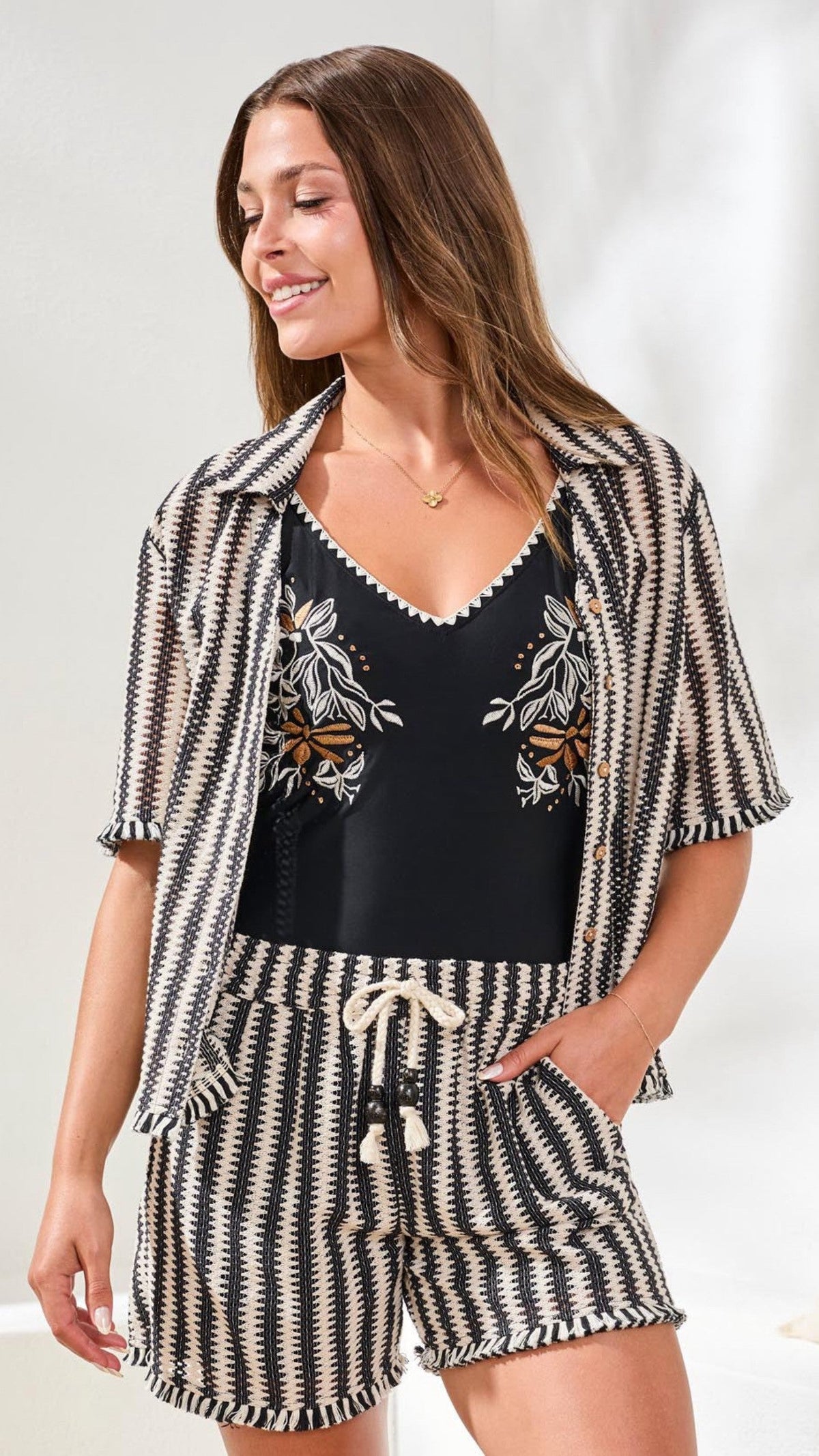 Jacquard Stripe Pull-On Shorts With Drawcord