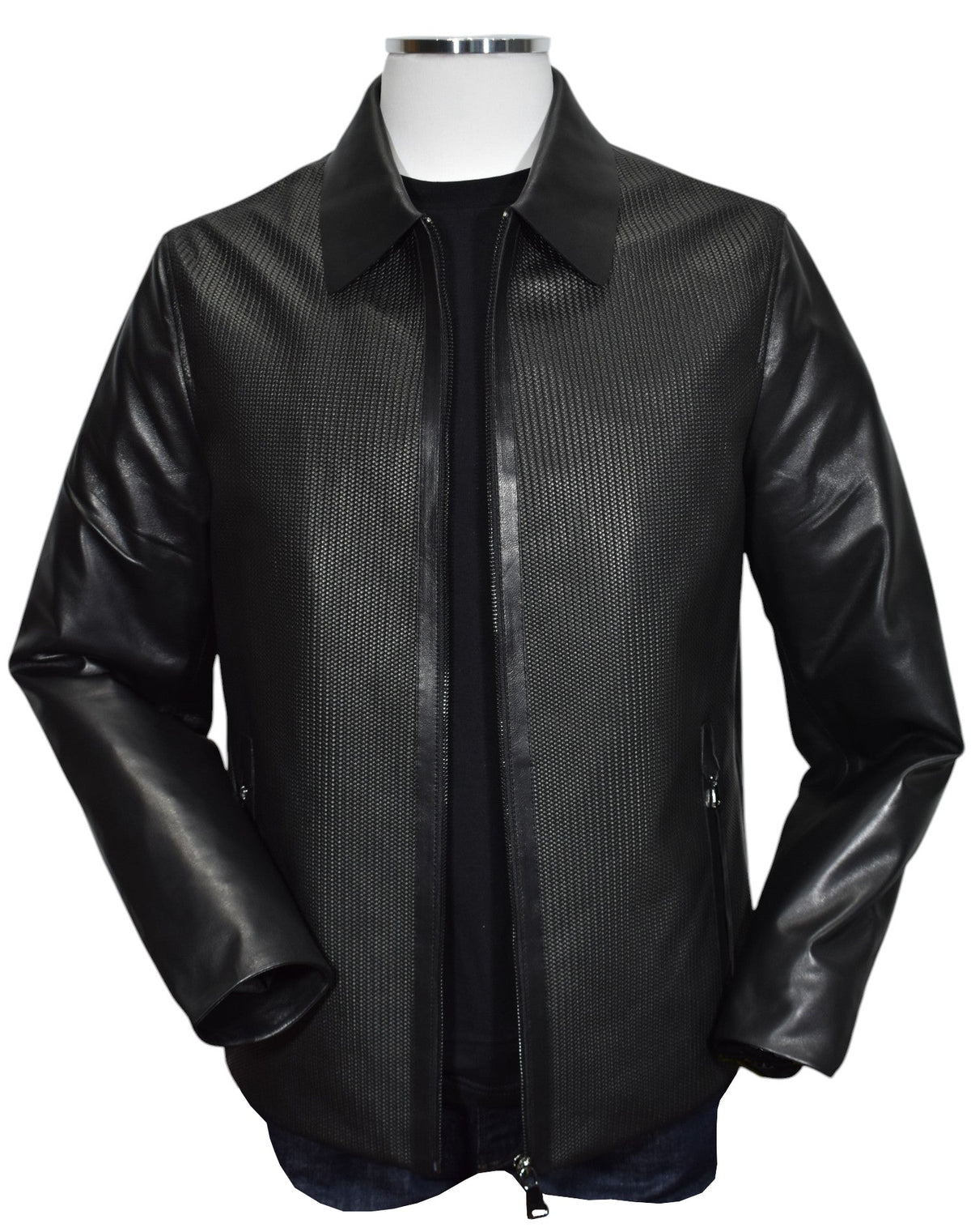 J231 Black Chain Link Leather Coat