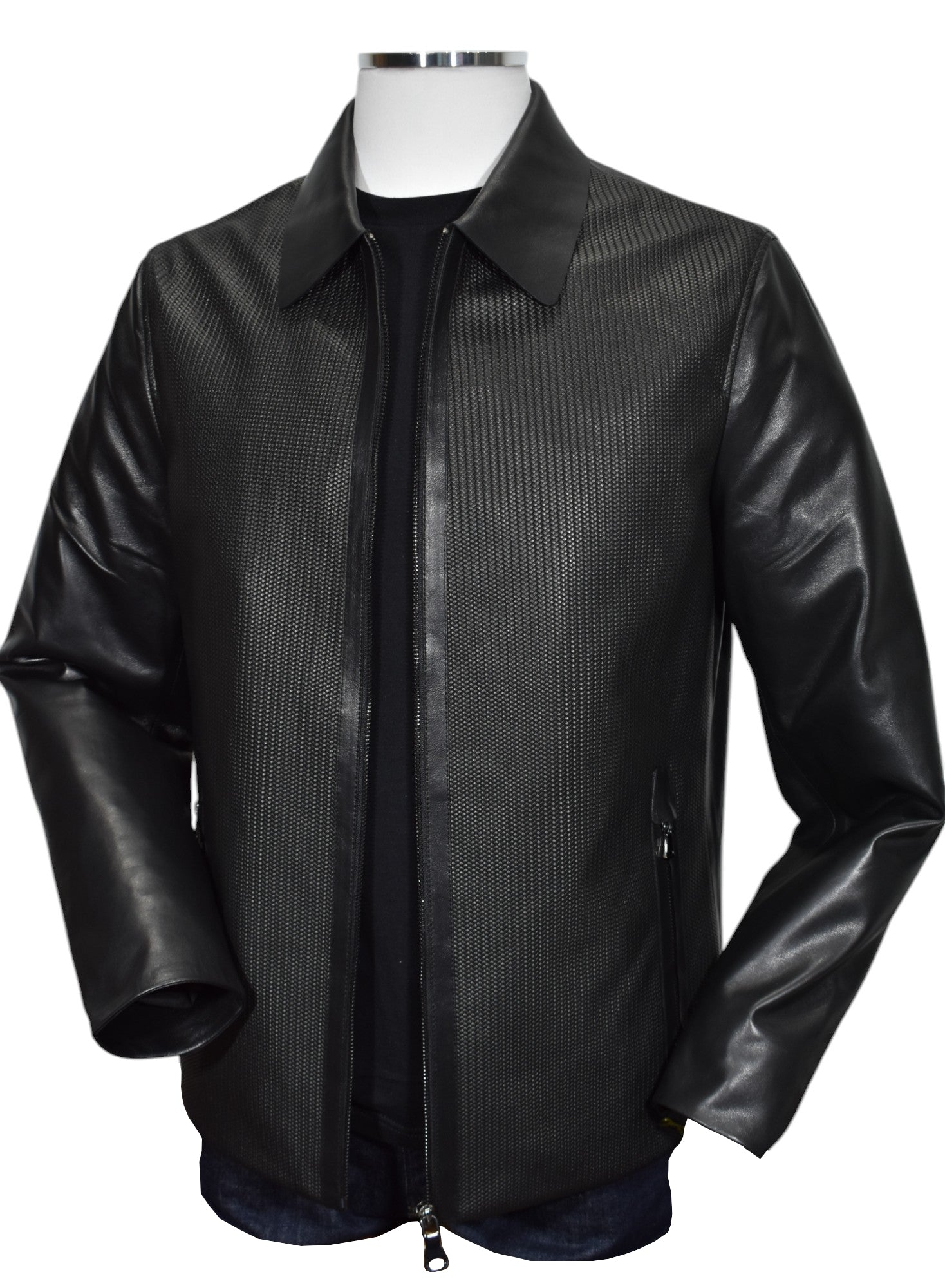 J231 Black Chain Link Leather Coat