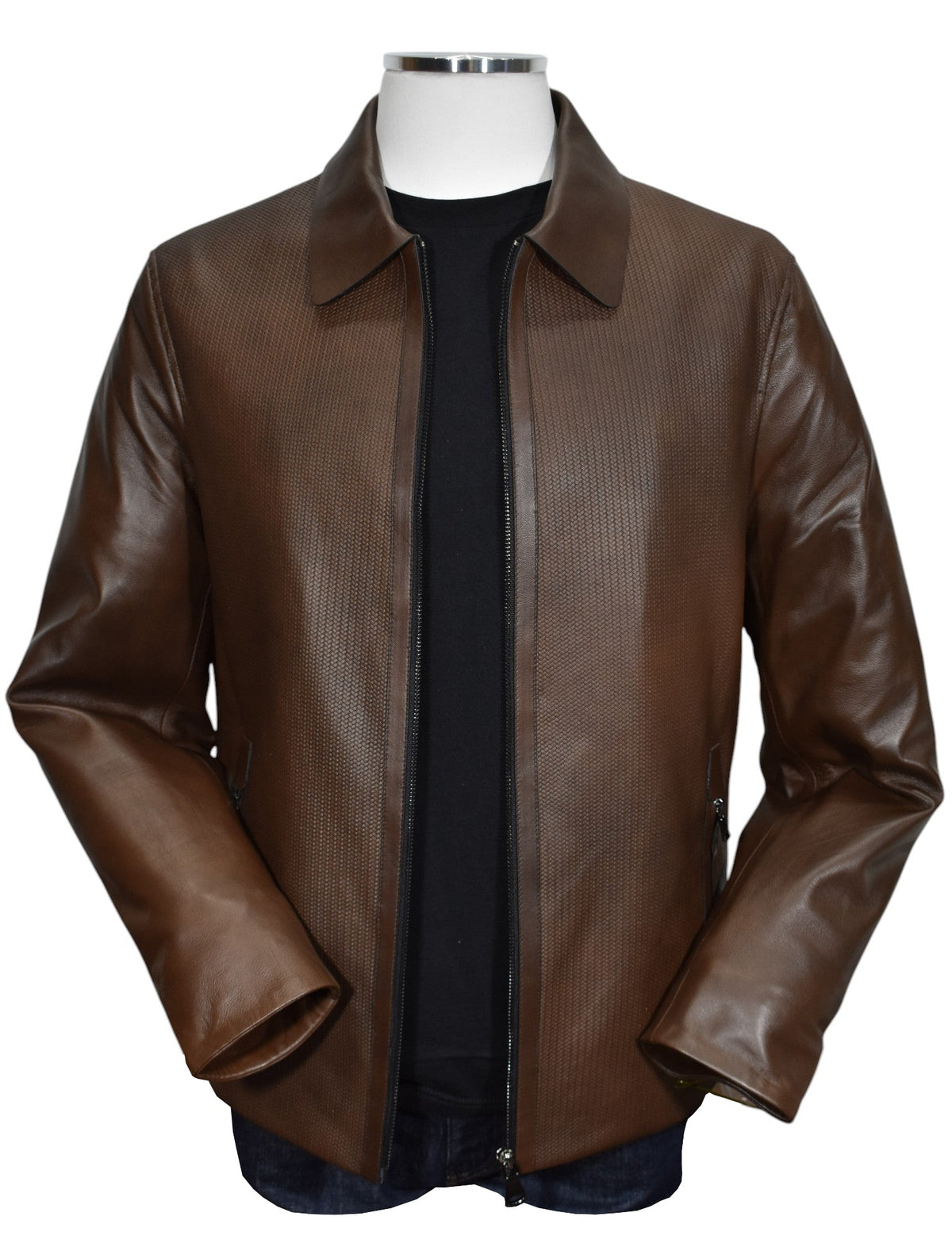 J231 Chocolate Chain Link Leather Coat