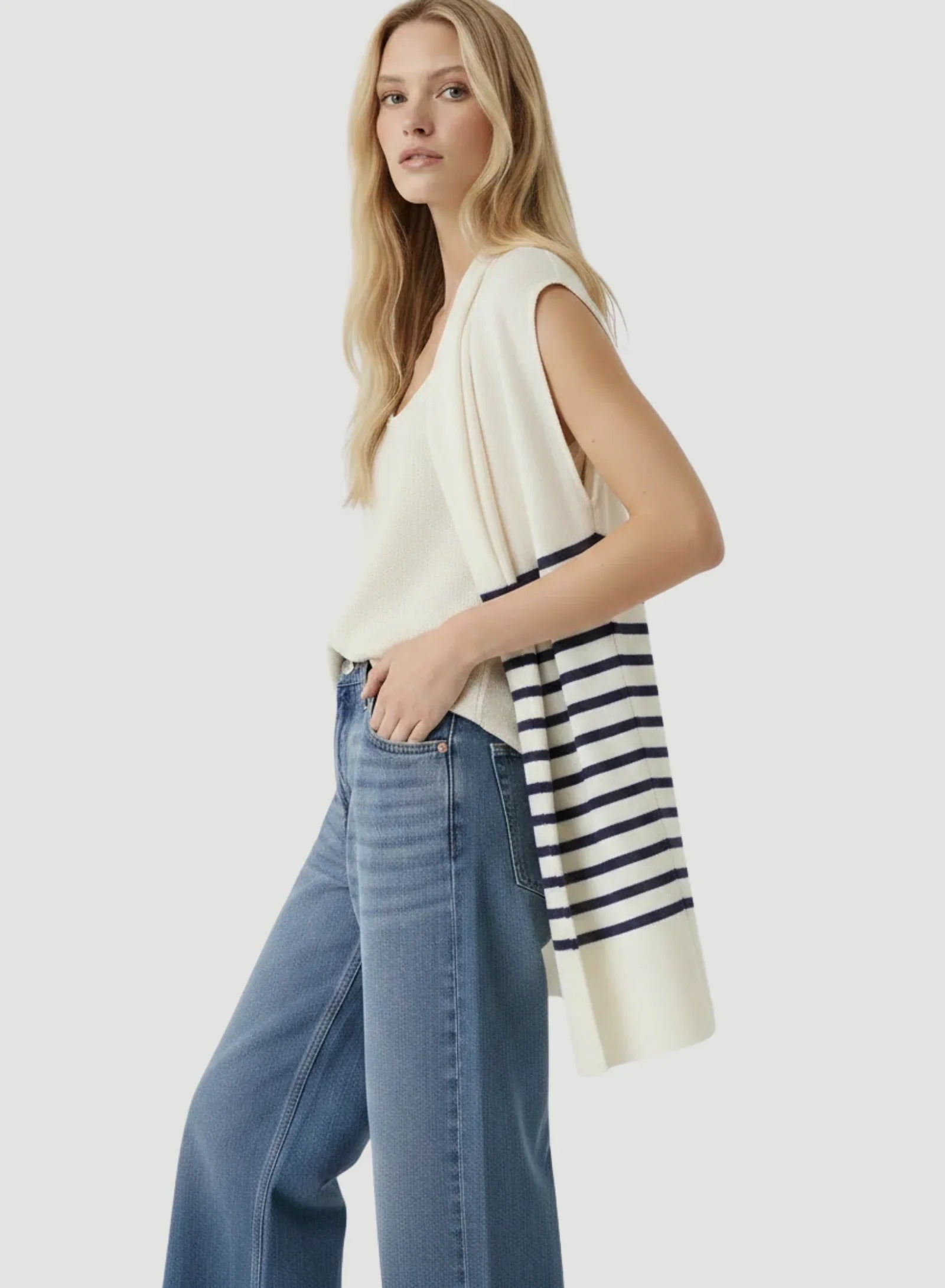 Linen Knit Stripe Sleeveless Cardigan
