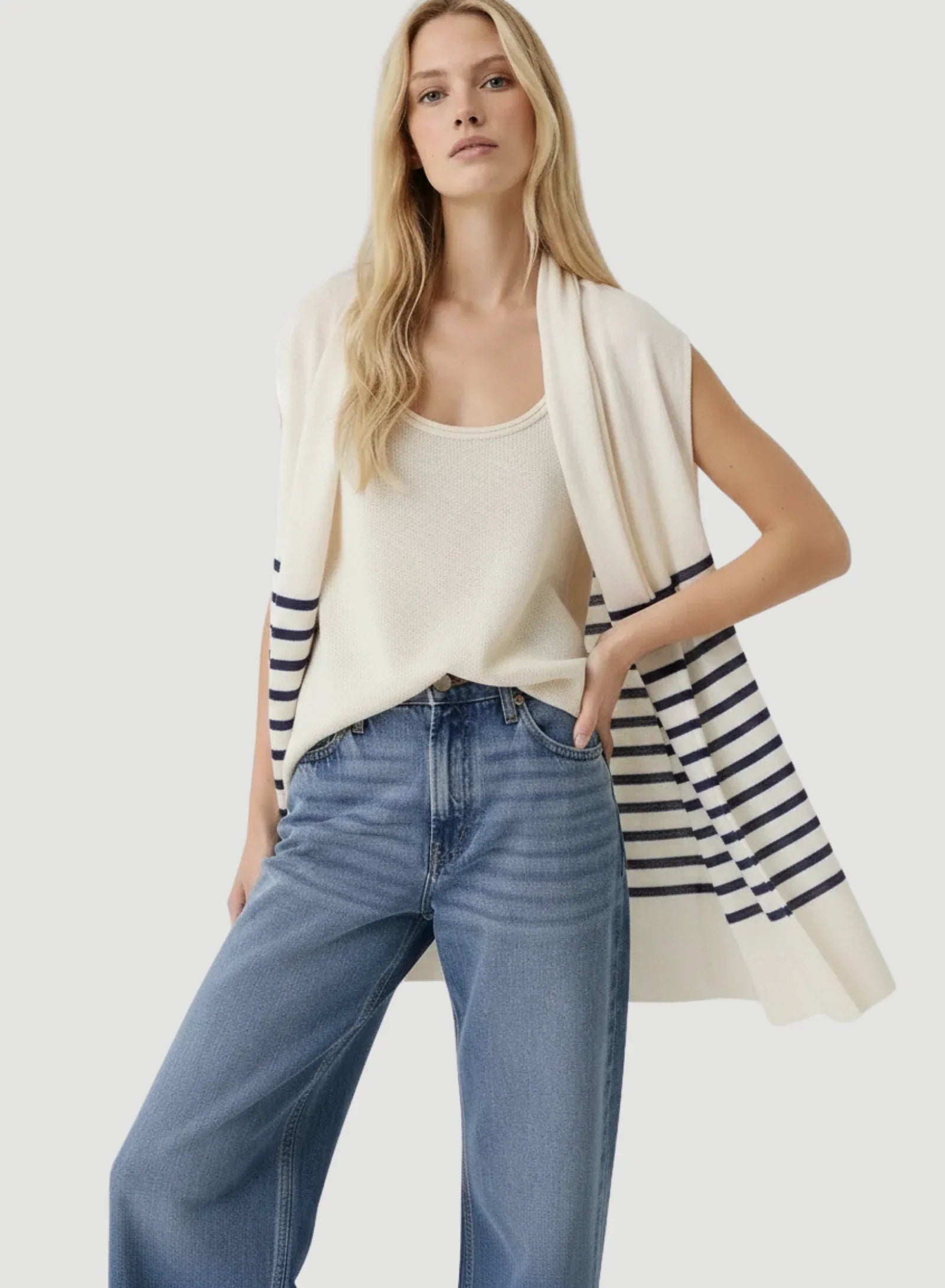 Linen Knit Stripe Sleeveless Cardigan