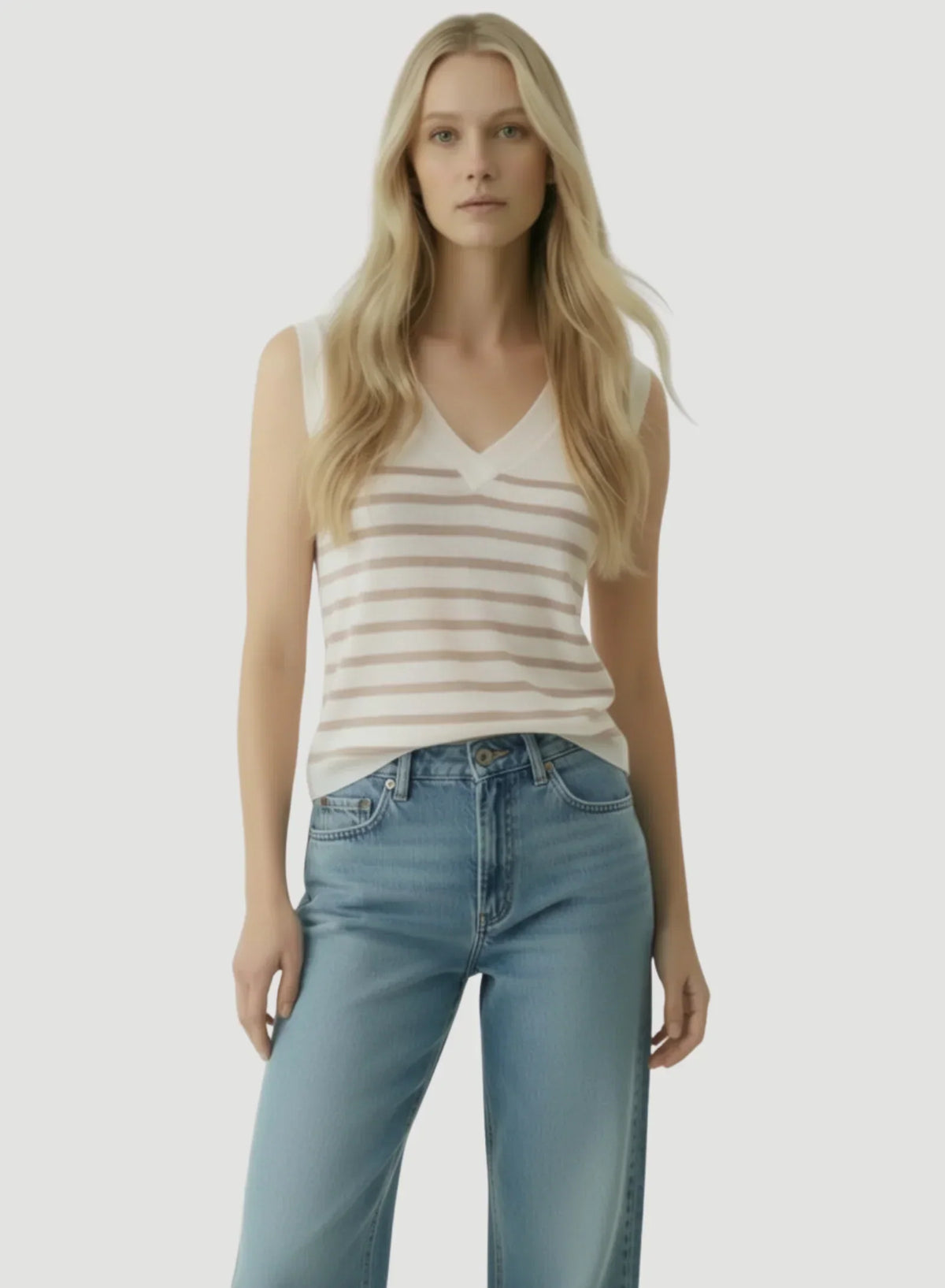 Linen Knit Stripe Cap Sleeve V-Neck