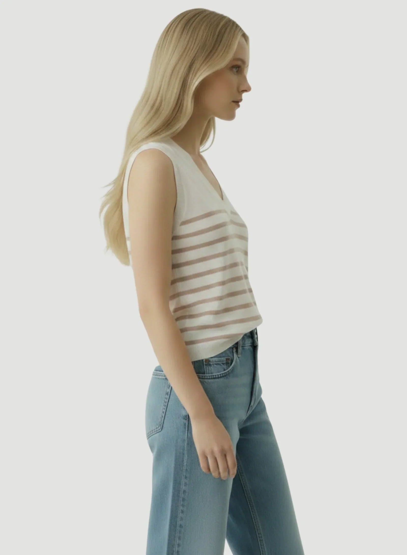 Linen Knit Stripe Cap Sleeve V-Neck