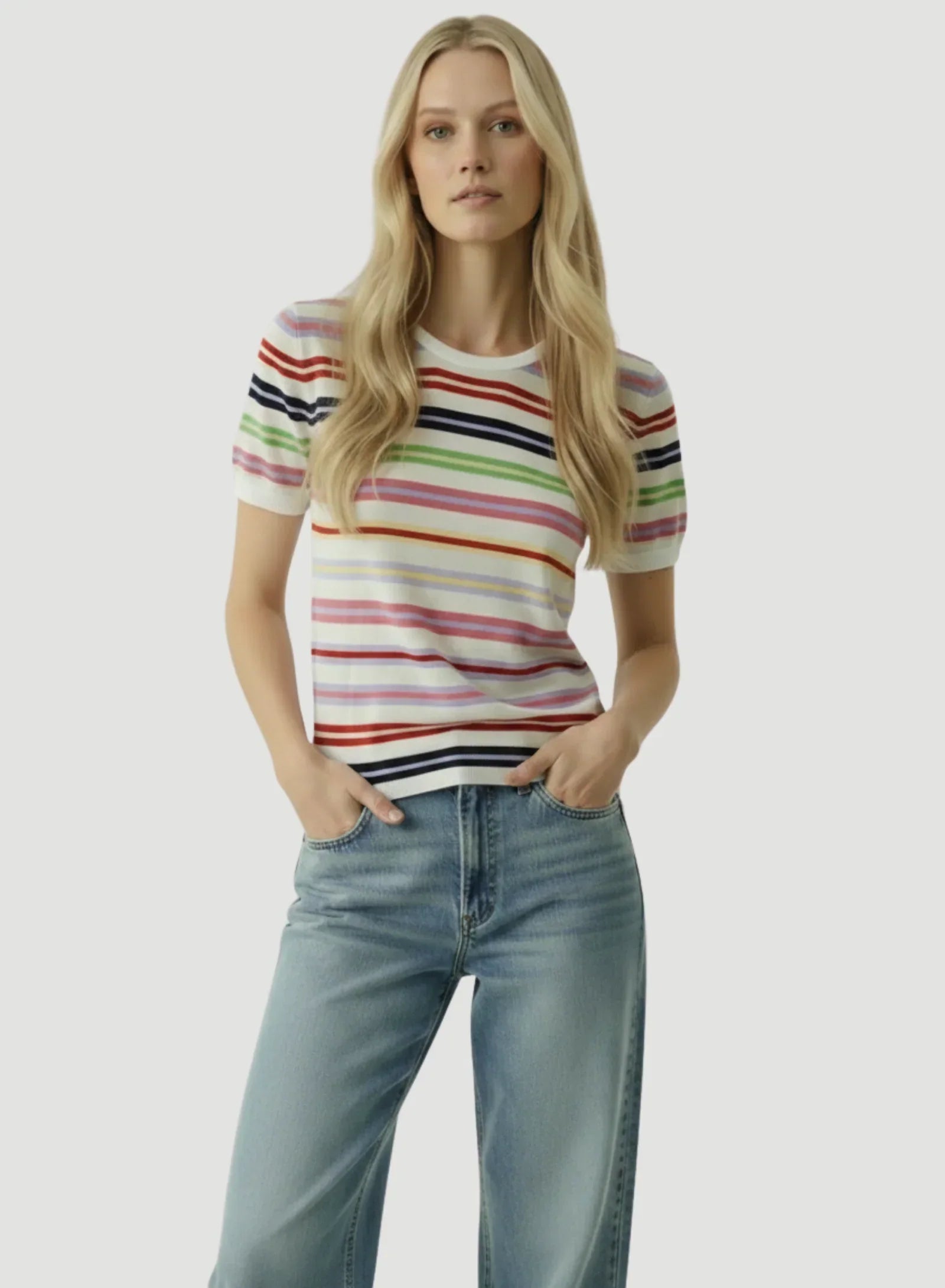Extrafine Cashmere Novelty Stripe Short Sleeve Crewneck
