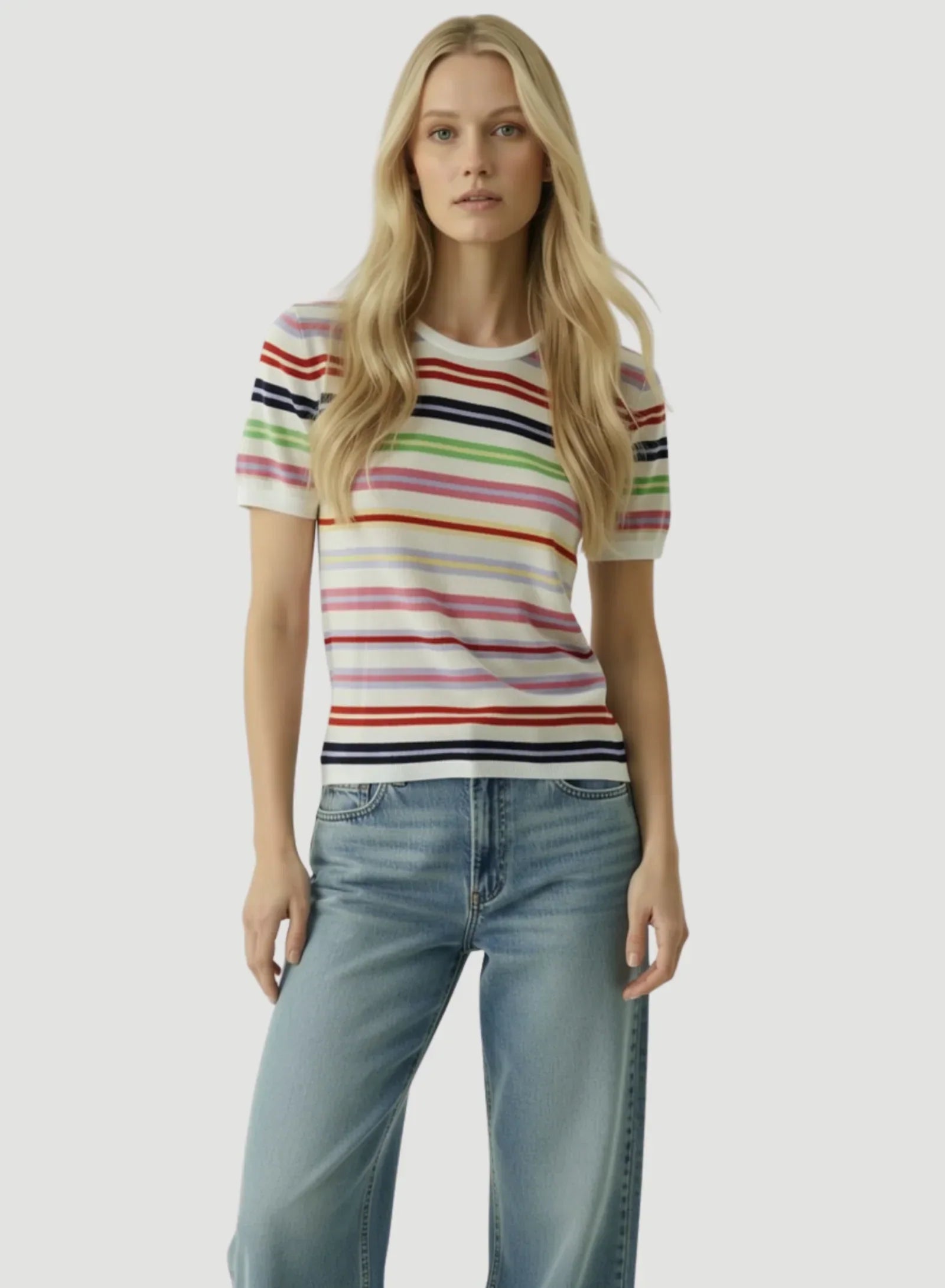 Extrafine Cashmere Novelty Stripe Short Sleeve Crewneck
