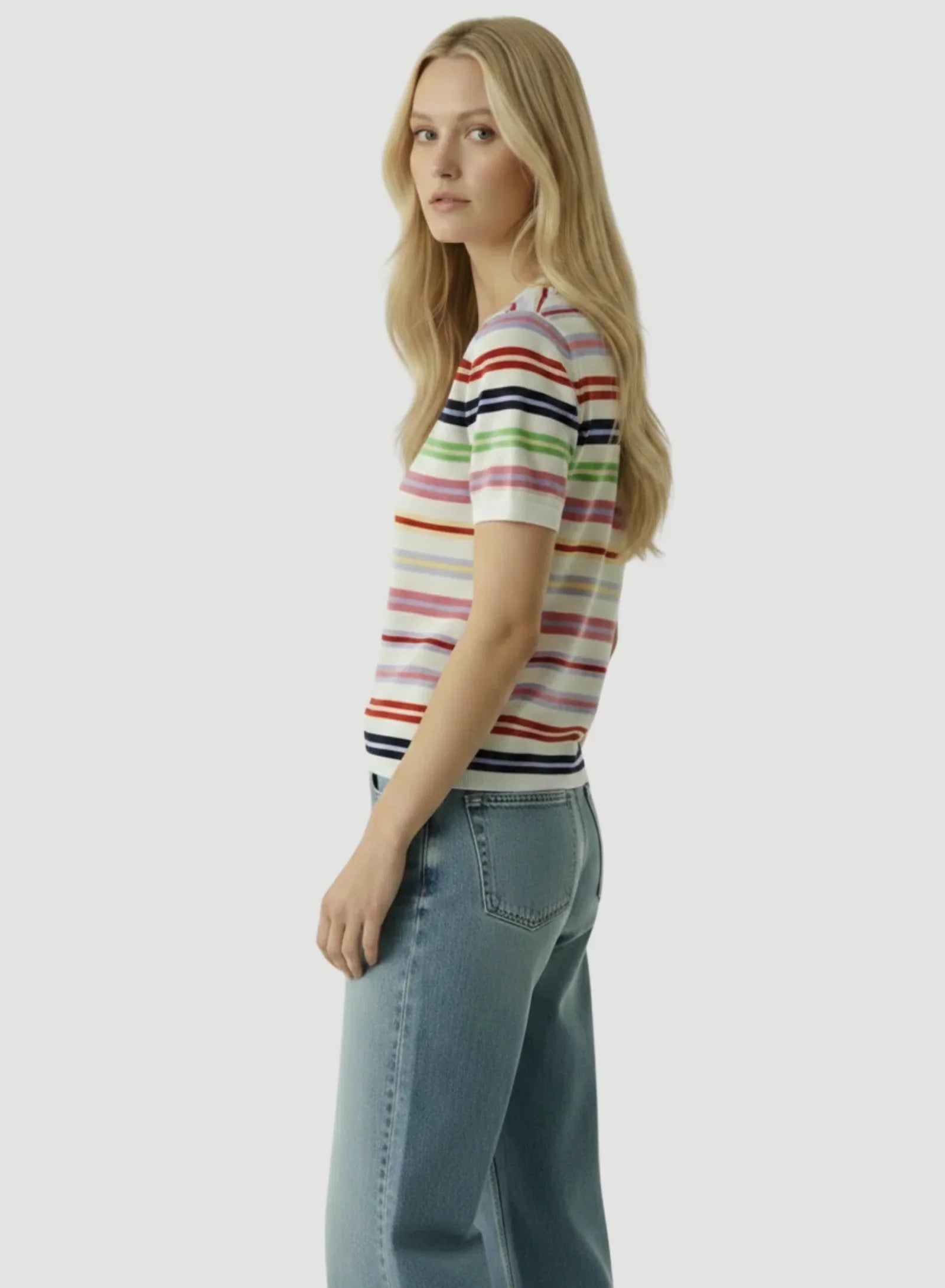 Extrafine Cashmere Novelty Stripe Short Sleeve Crewneck