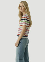 Extrafine Cashmere Novelty Stripe Short Sleeve Crewneck