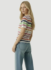 Extrafine Cashmere Novelty Stripe Short Sleeve Crewneck