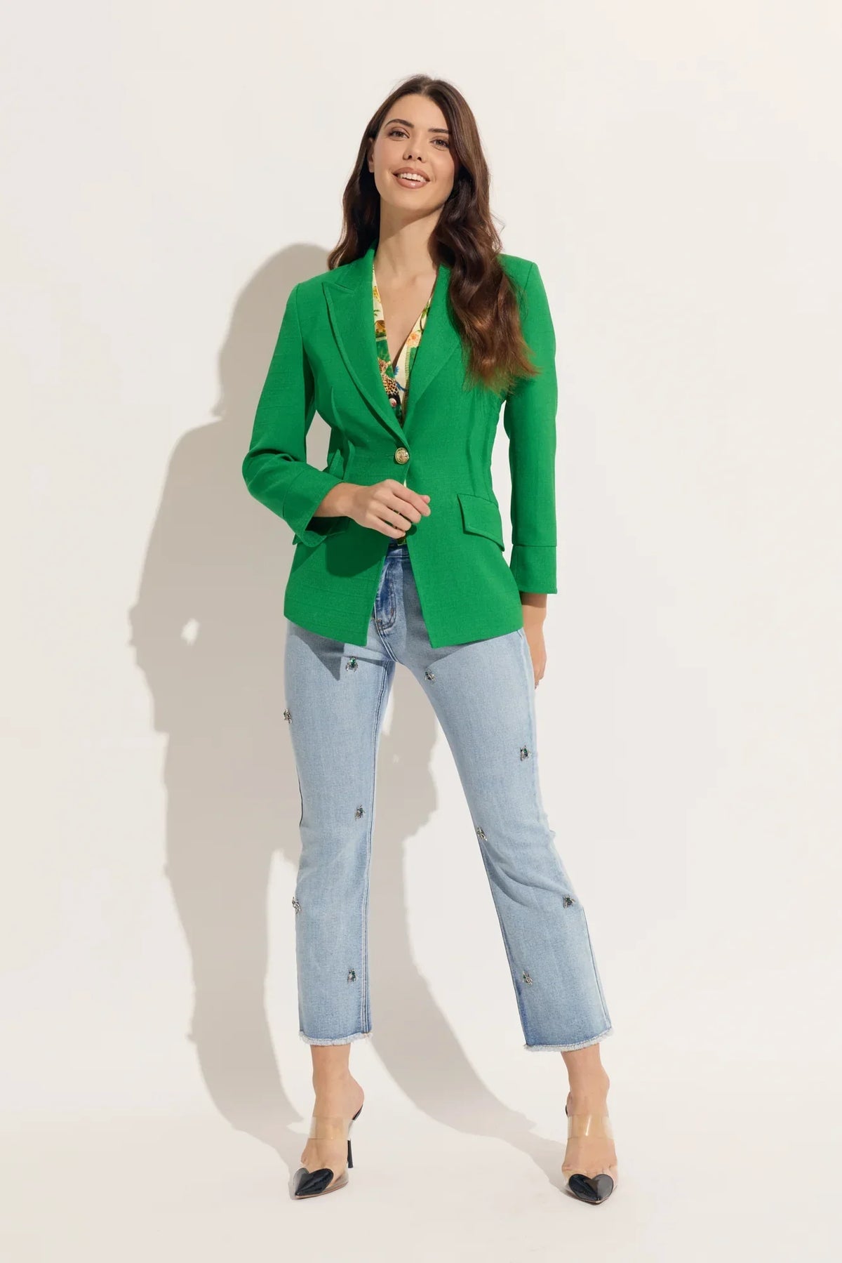 Solid One Button Blazer w/ Printed Mesh Lining