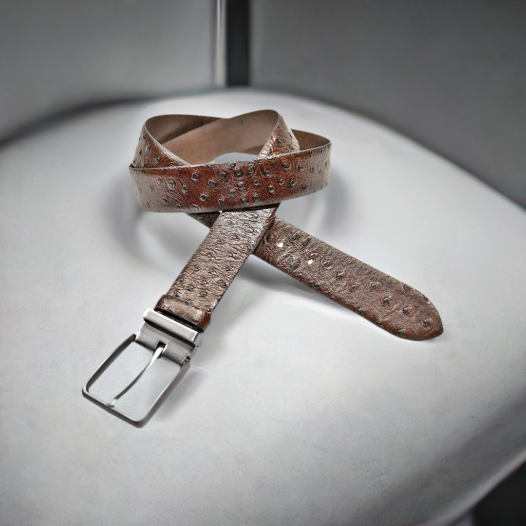 B02 Marcello Men's Ostrich Embossed Leather Belt Chocolate